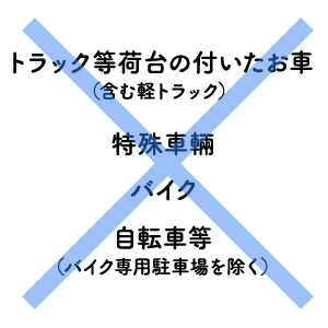 トラック等荷台の付いたお車（含む軽トラック）、特殊車輛、バイク、自転車等（バイク専用駐車場を除く）